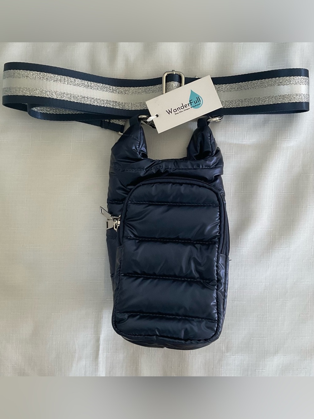 WanderFull Navy Quilted Crossbody with Striped Strap